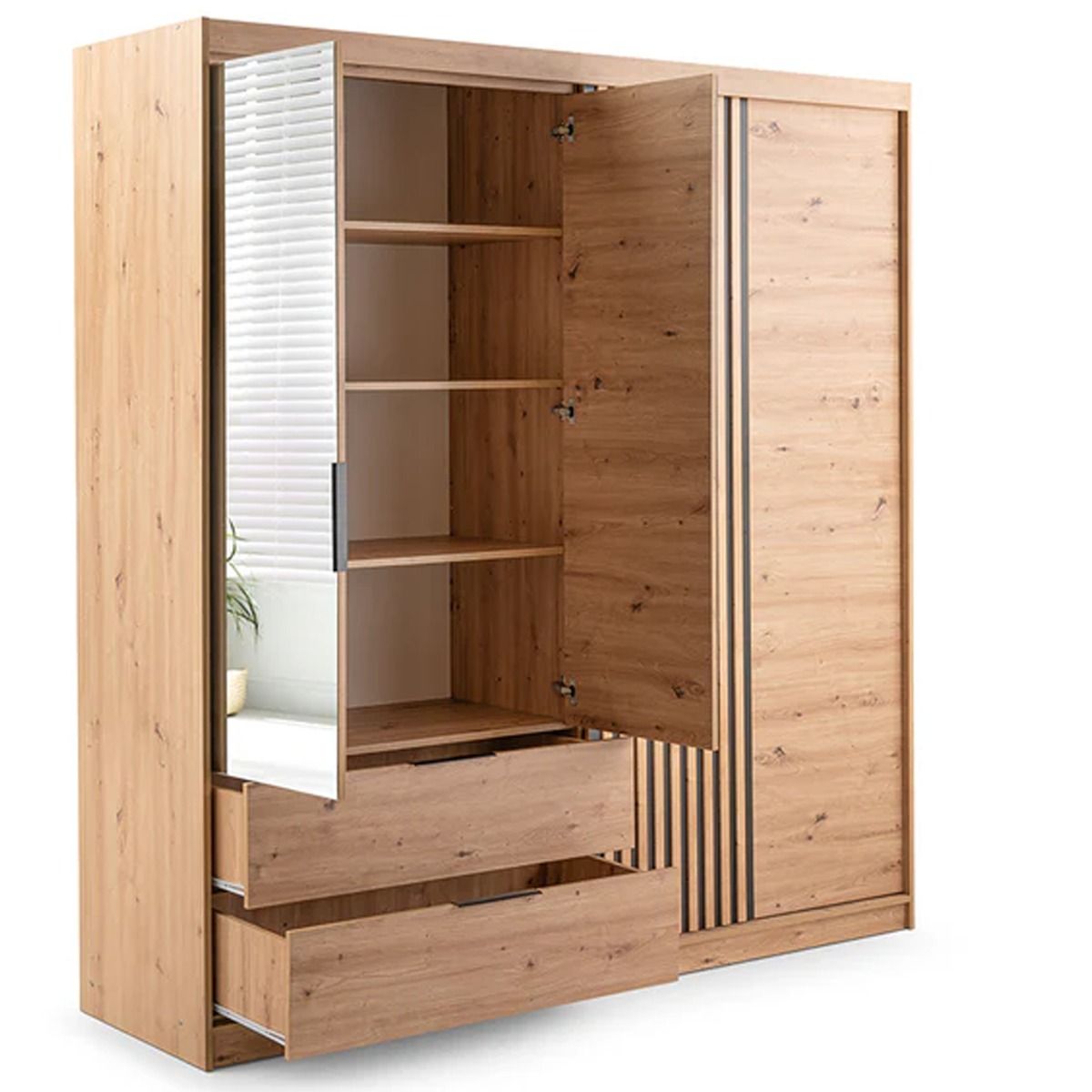 Majo 203cm 3-Door Mirrored Hinged Wardrobe with 2 Drawers in Medium Wood – product detail