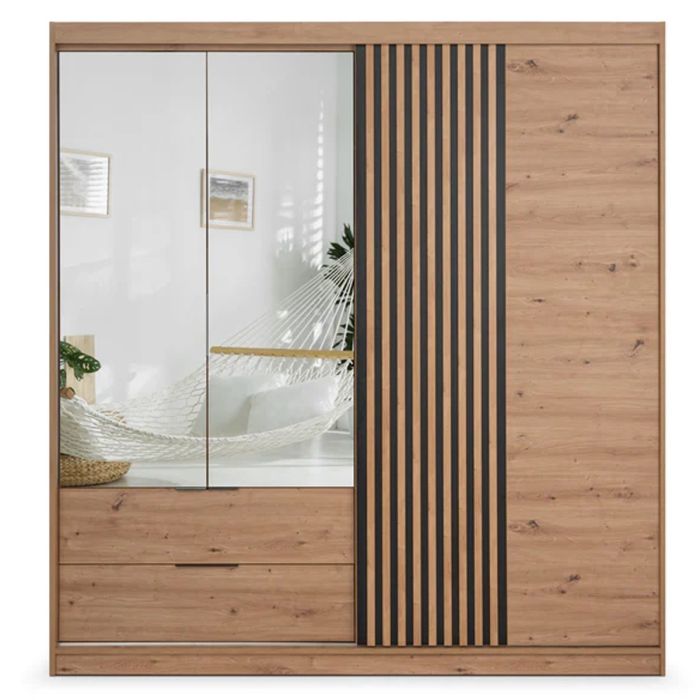 Majo 203cm 3-Door Mirrored Hinged Wardrobe with 2 Drawers in Medium Wood