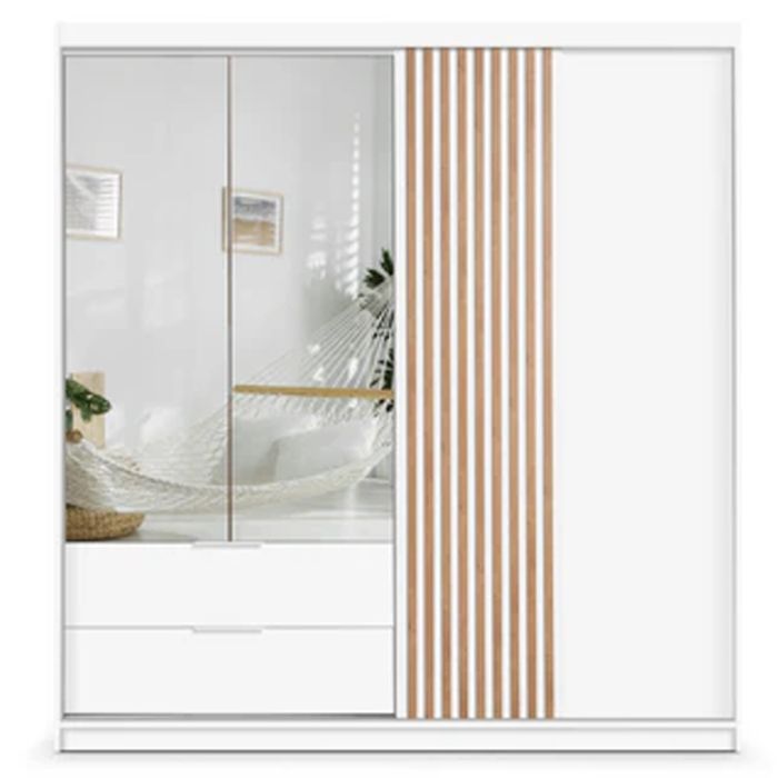 Majo 203cm 3-Door Mirrored Hinged Wardrobe with 2 Drawers in White