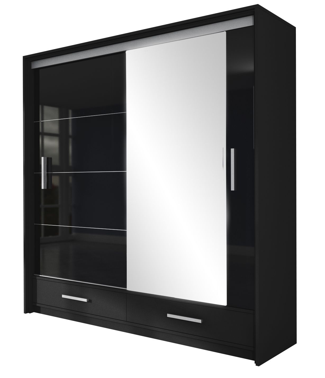 Warrington 208cm 2-Door Mirrored Sliding Wardrobe with 2 Drawers in Black – product detail