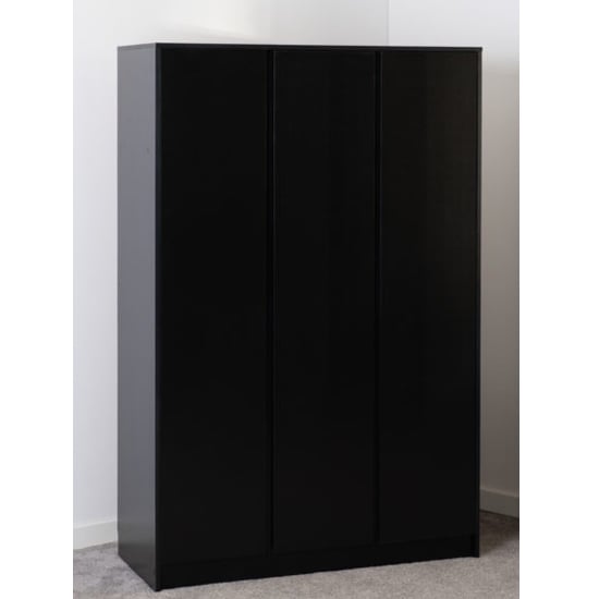 McGowen 3-door black wooden wardrobe with a clean, handle-less design.