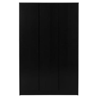 The Mcgowen Wooden Wardrobe With 3 Doors In Black features a sleek, handleless design with three vertical panels and is shown against a white background.