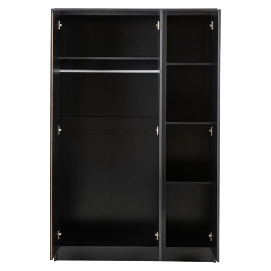 Black three-door wardrobe with doors open showing hanging rail and shelves.