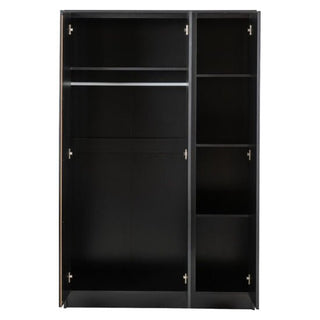 The Mcgowen Wooden Wardrobe With 3 Doors In Black features open doors revealing a spacious hanging rod and shelf on the left, with four varied-height shelves on the right. The interior is empty.