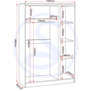 The Mcgowen Wooden Wardrobe With 3 Doors In Black is shown, measuring 1800mm high, 1150mm wide, and 505mm deep. Internal shelves and compartments are labeled with individual height and width measurements in red.