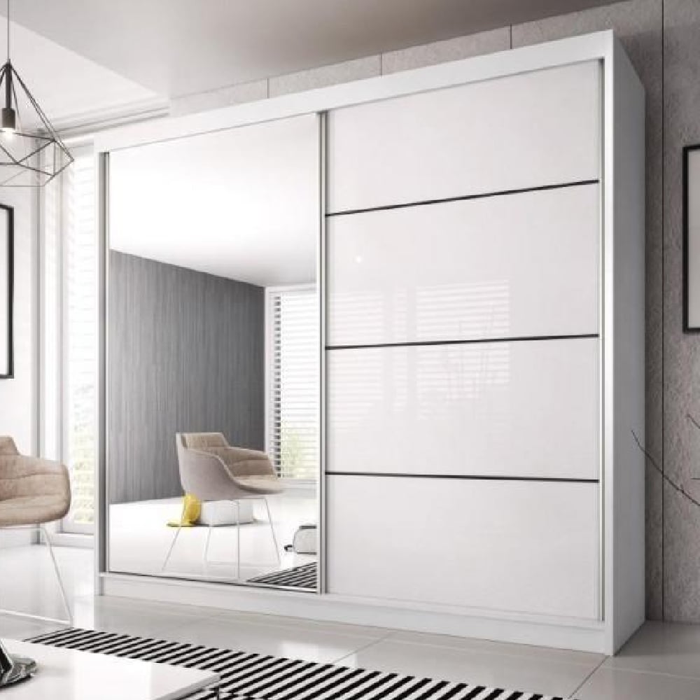 CHOICEWARDROBE Mesa 183cm sliding door wardrobe with 2 doors, white gloss finish and one mirrored panel.