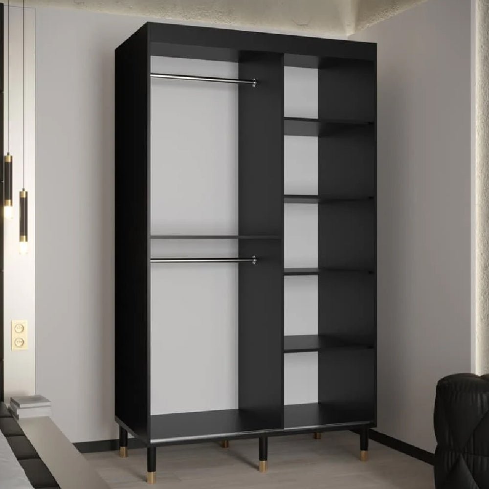 Black wardrobe with two sliding doors, hanging rails, and visible shelving.