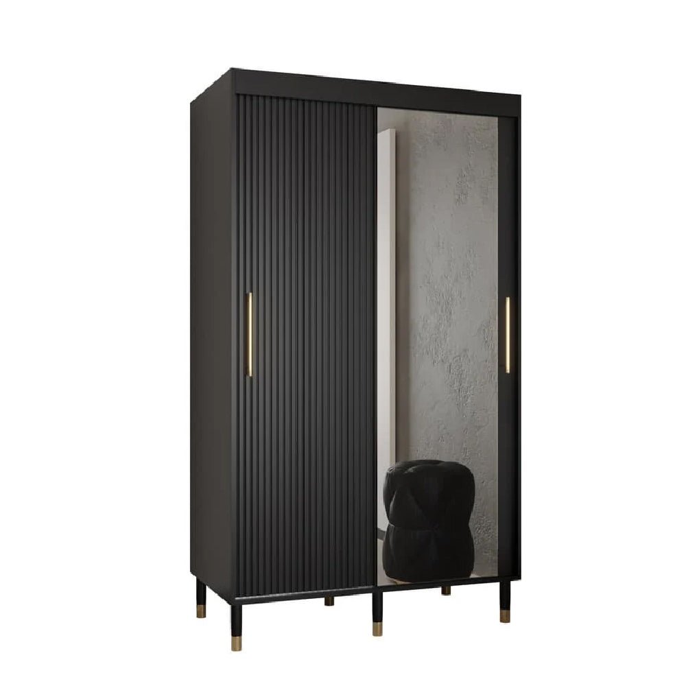 Black Millwall 120cm sliding door wardrobe with one mirrored panel and gold handles.