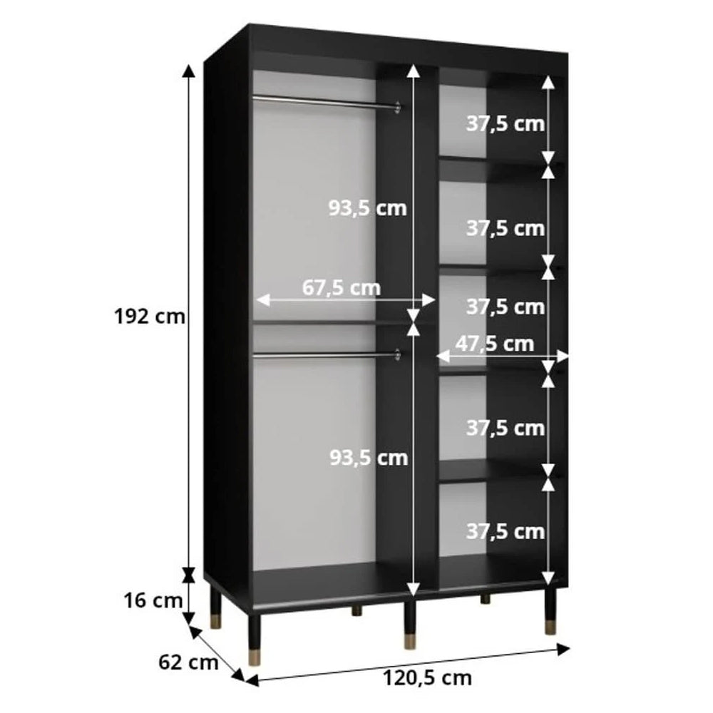 Black 120cm wardrobe with 2 sliding doors, one mirrored. 192cm H x 120.5cm W. Left hanging rail, right shelves.