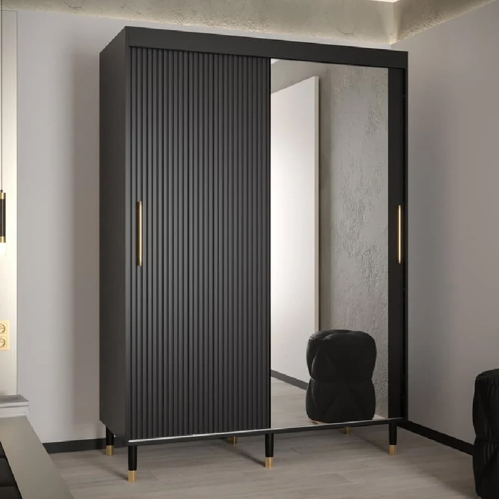 Millwall 150cm black sliding wardrobe with one mirrored door and gold handles.