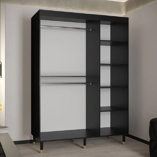 The Millwall 150cm Mirrored Wardrobe With 2 Sliding Doors in Black features a sleek black and gray finish, two horizontal metal hanging rods on the left, and five open shelves of varying sizes on the right, providing stylish storage for modern bedrooms.