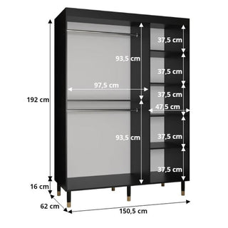 The Millwall 150cm Mirrored Wardrobe With 2 Sliding Doors in Black features two sections: the left has two hanging rods and a shelf, while the right offers five shelves. Section dimensions are clearly labeled in centimeters for easy bedroom organization.