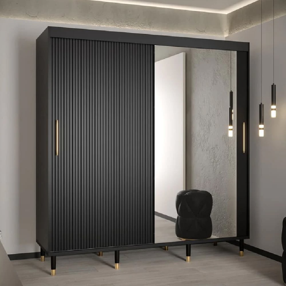 Black Millwall 200cm sliding door wardrobe with a mirrored front and gold handles and legs.
