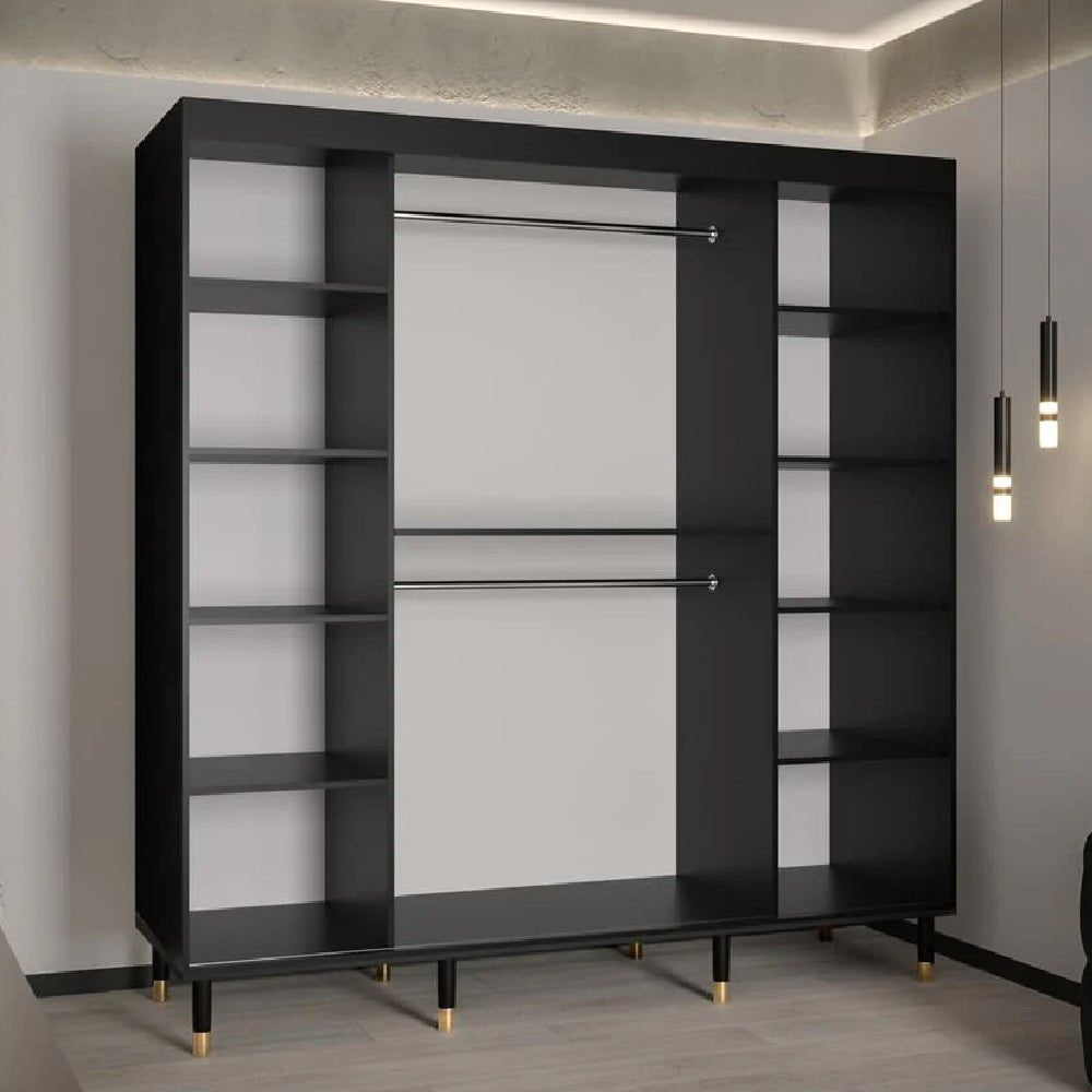 Black 200cm sliding wardrobe with one mirrored door and open shelving.