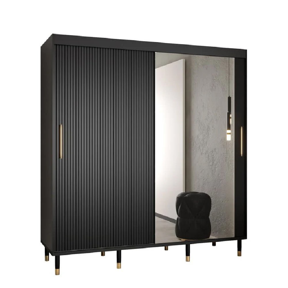 MILLWALL 200CM black sliding mirrored wardrobe with grooved door and gold leg accents
