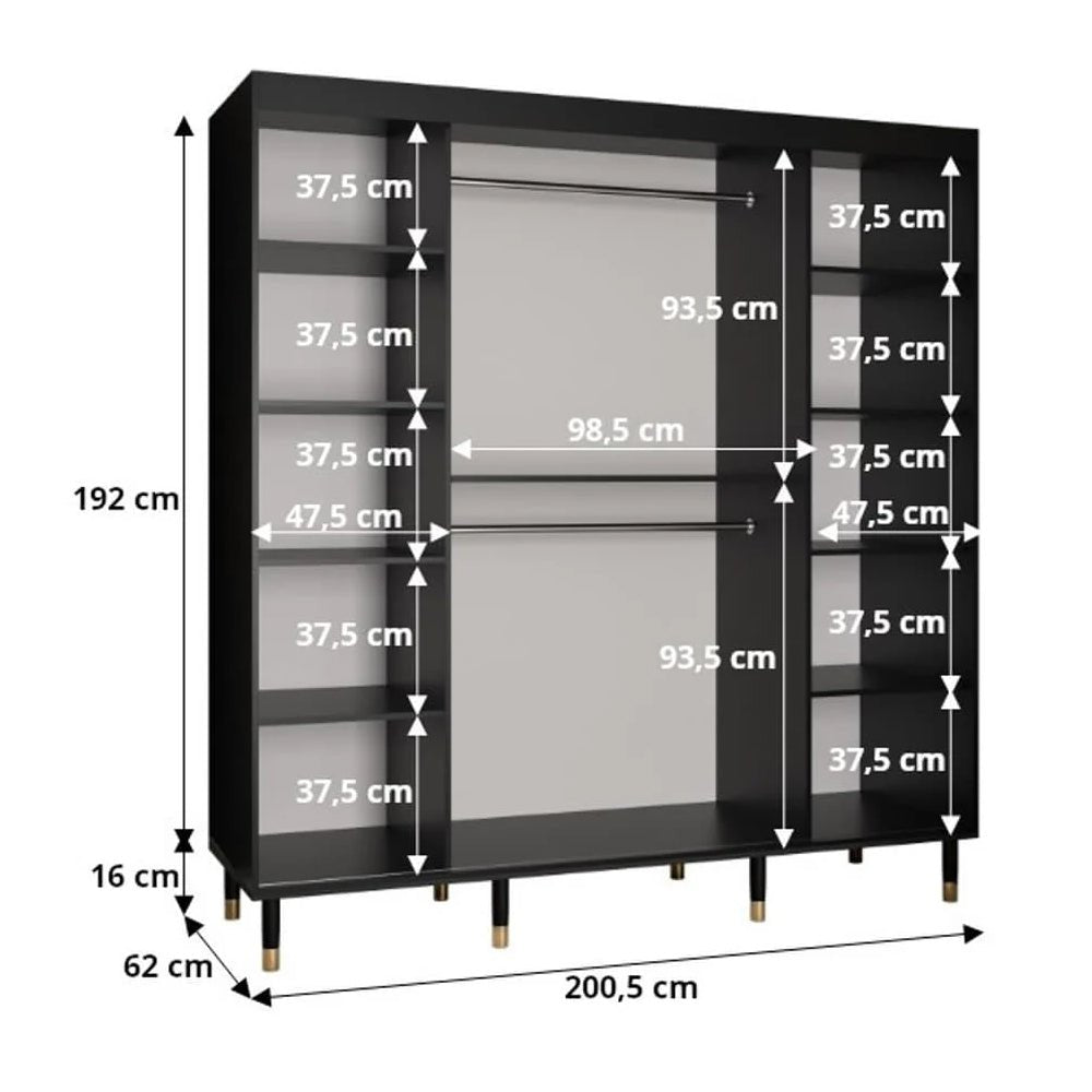 Black sliding door wardrobe dimensions graphic showing internal shelf and rail measurements.