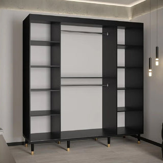 The Millwall 200cm Wooden Wardrobe with 2 Sliding Doors in Black features a modern design, central hanging rods, side shelves, six legs with gold caps, and suits bedrooms with gray walls and pendant lights.