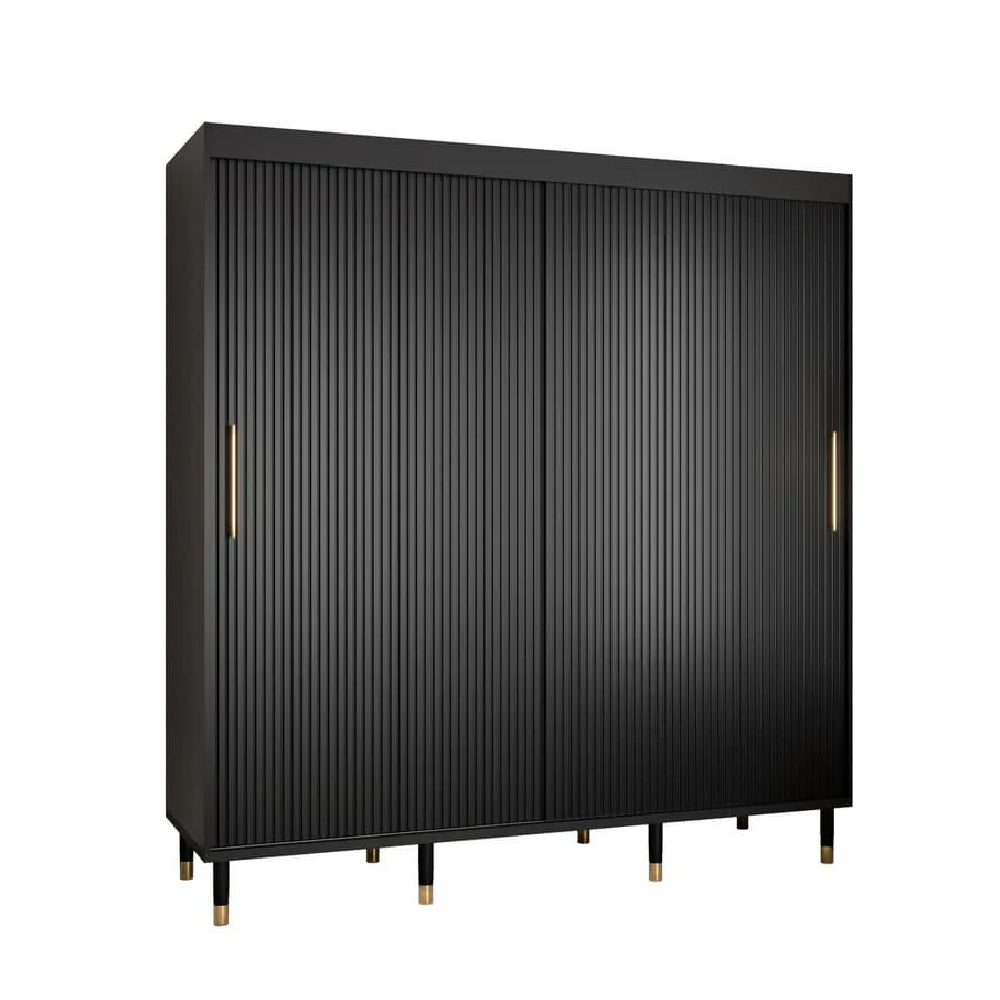 Millwall 200cm black sliding wardrobe with vertical grooves and gold handles.