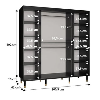 The Millwall 200cm Wooden Wardrobe with 2 Sliding Doors in Black features open shelves and hanging spaces, perfect for bedroom storage. Dimensions: H192cm x W200.5cm x D62cm, with shelf and space measurements provided in centimeters.