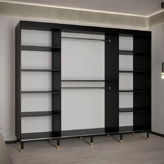 CHOICEWARDROBE Montaro 250cm Sliding Wardrobe – Black Marble Effect with Ribbed Panels & Gold Handles