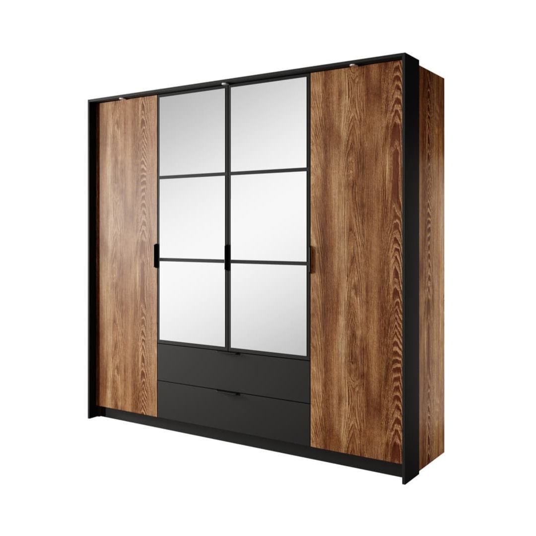 Milton 223cm 4-Door Mirrored Hinged Wardrobe - Oak Chestnut & Anthracite