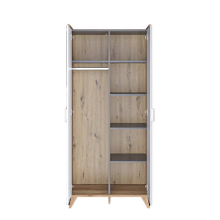 CHOICEWARDROBE Muncie 2 Door Wardrobe – White & Oak Effect | Scandinavian Style with Tapered Legs, 85cm Wide
