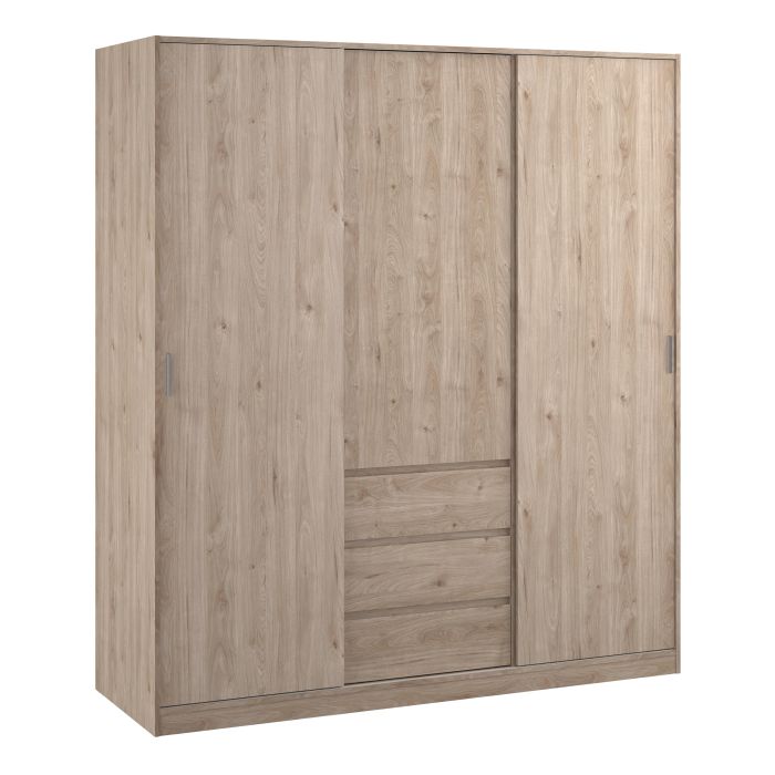 Naia 177cm 3-Door Sliding Wardrobe with 3 Drawers – Jackson Hickory Oak
