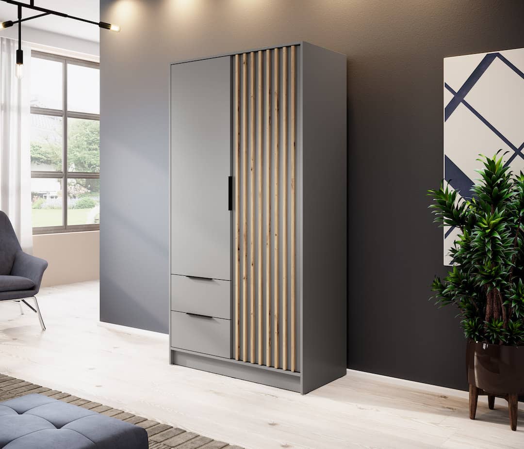 Nelly Hinged Door Wardrobe 105cm - Grey & Lamela Artisan