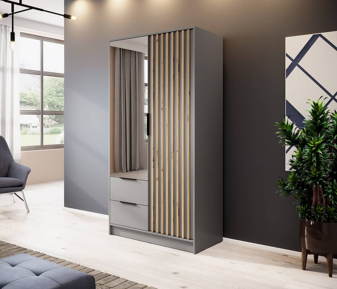 Nelly Hinged Door Wardrobe 105cm - Grey & Lamela Artisan