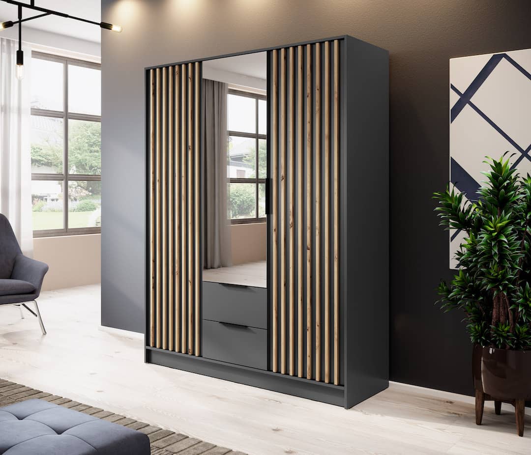 Nelly Hinged Door Wardrobe 155cm - Graphite & Lamela Artisan