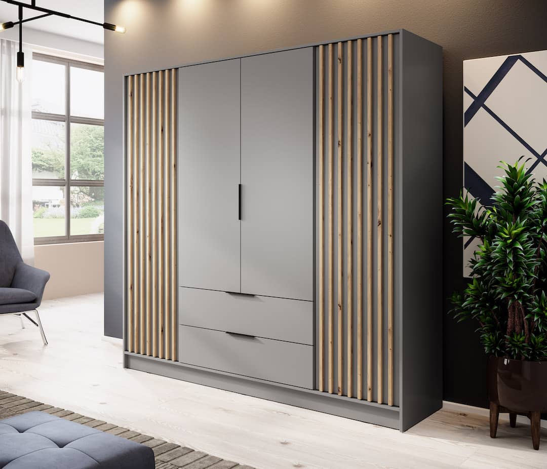 Nelly Hinged Door Wardrobe 206cm - Grey & Lamela Artisan