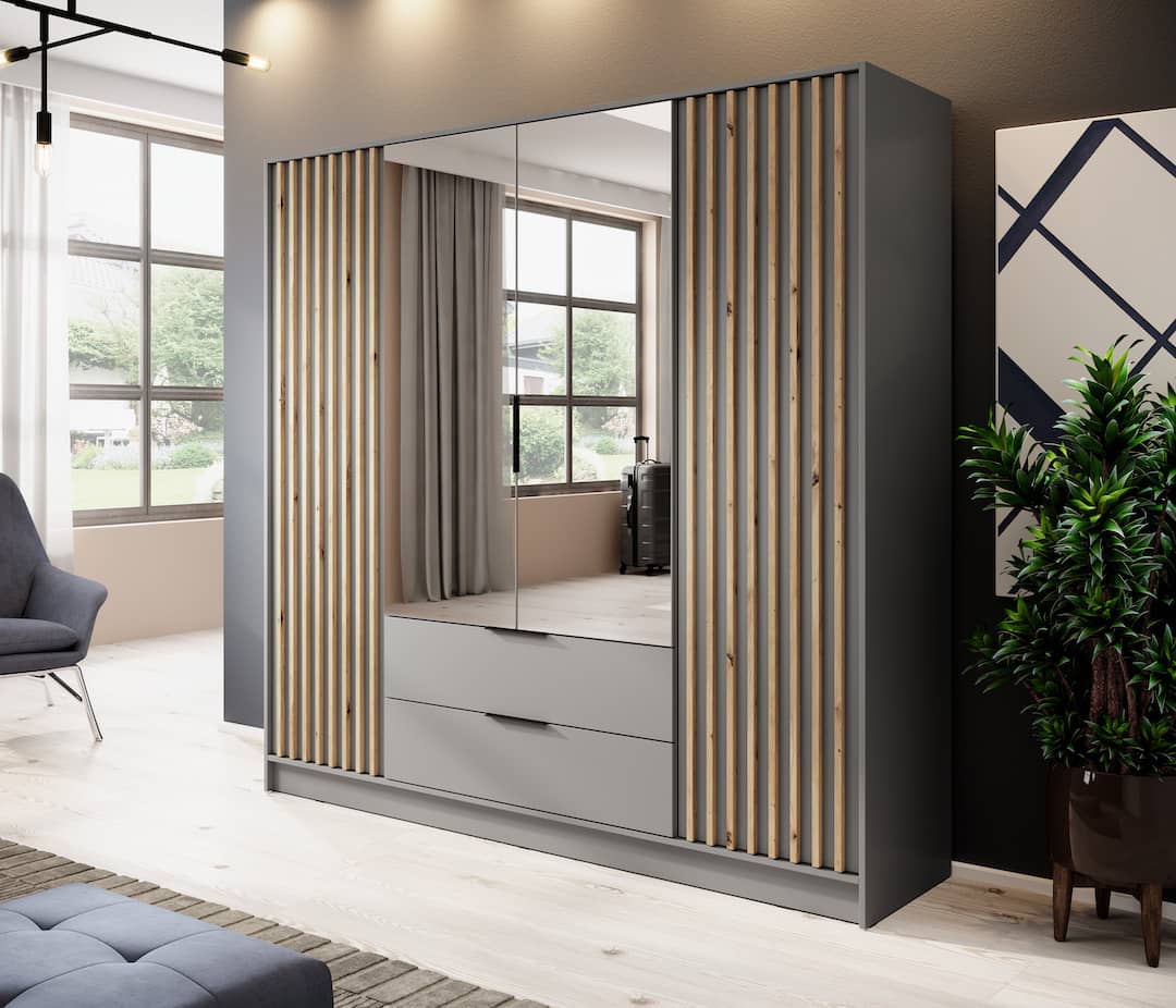 Nelly Hinged Door Wardrobe 206cm - Grey & Lamela Artisan