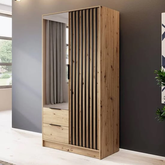 Newberry 105cm mirrored wardrobe in Artisan Oak with drawers and slatted door