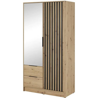The Newberry Mirrored Wardrobe With 2 Hinged Doors 105cm in Artisan Oak features a left mirrored door, two bottom drawers, and a right door with vertical black slats—an ideal modern, minimalist storage solution for compact bedrooms.