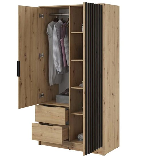 Newberry Artisan Oak wardrobe with hinged door, mirrored panel, two drawers, shelves and hanging rail.
