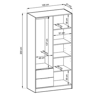Line drawing of the Newberry Mirrored Wardrobe With 2 Hinged Doors 105cm in Artisan Oak, showing shelves and compartments with labeled height and depth. The wardrobe measures 200 cm tall, 105 cm wide, and 51 cm deep.