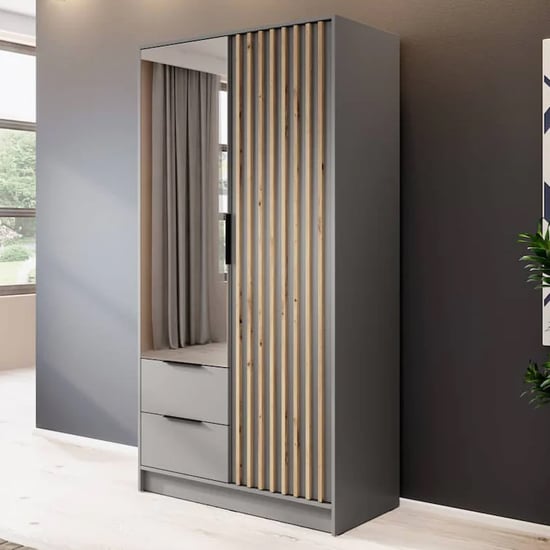 Grey mirrored wardrobe with two doors and two drawers.