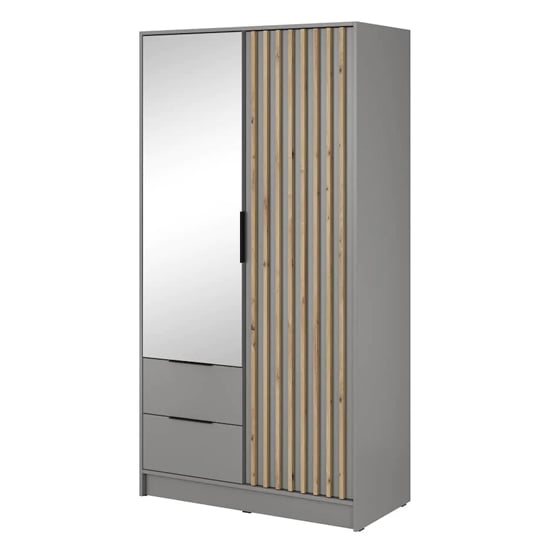 Grey wardrobe with one mirrored door and one slatted wood-effect door, featuring two drawers below.