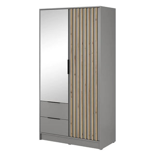 The Newberry Mirrored Wardrobe With 2 Hinged Doors 105cm in Grey features two bottom drawers, a left mirrored door, and a right door with vertical wood slats, offering modern minimalist bedroom storage.