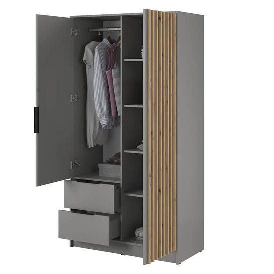Grey Newberry wardrobe with two hinged doors, one mirrored, showing hanging rail, shelves and two drawers.