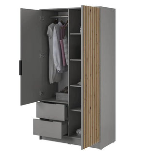 The Newberry Mirrored Wardrobe With 2 Hinged Doors 105cm In Grey features hanging space for shirts, shelves for folded clothes and objects, plus two bottom drawers—one open—to provide efficient bedroom storage.