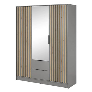 The Newberry Mirrored Wardrobe With 3 Hinged Doors 155cm in Grey features a modern grey frame, vertical wooden side slats, a central mirrored door, and two drawers beneath the mirror.