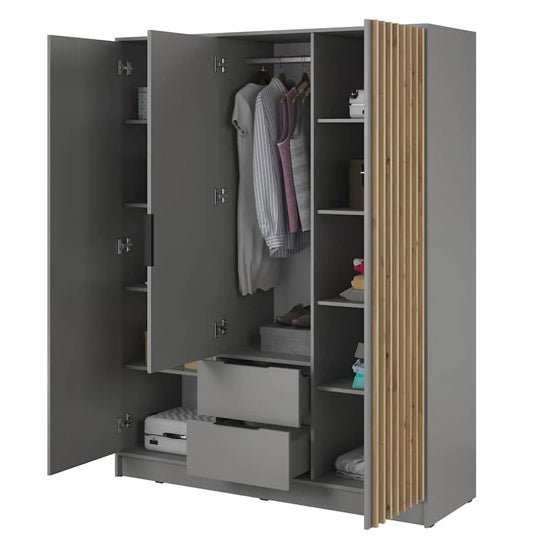 Grey 3-door wardrobe with open doors showing hanging space, shelves, drawers, and wood slat detailing.