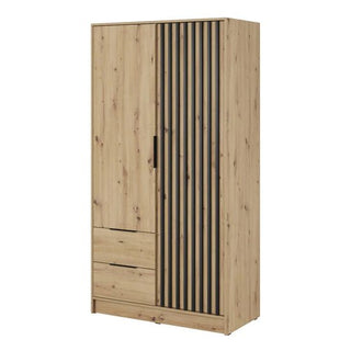 The Newberry Wooden Wardrobe With 2 Hinged Doors 105cm in Artisan Oak features two doors, two drawers, a plain wood finish on the left, vertical black slats on the right door, and minimalist black handles for a modern look.