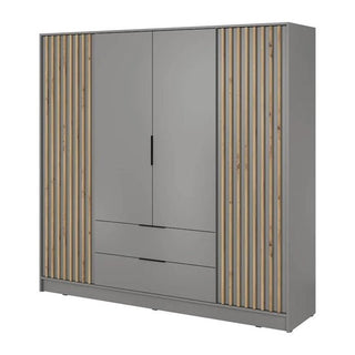 The Newberry Wooden Wardrobe features 4 hinged doors, a matte grey finish, two lower drawers, and vertical slats on the sides for a minimalist, contemporary look. Size: 206cm.