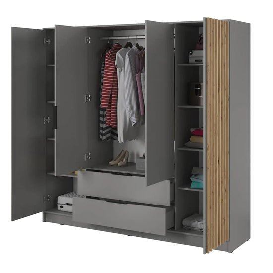 Grey 4-door wardrobe showing hanging clothes, shoes, drawers, and shelves with folded items
