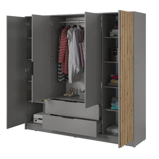 The Newberry Wooden Wardrobe With 4 Hinged Doors 206cm In Grey showcases hanging clothes, shoes, drawers, shelves with folded garments and boxes, plus stylish vertical wooden slats on the right side.