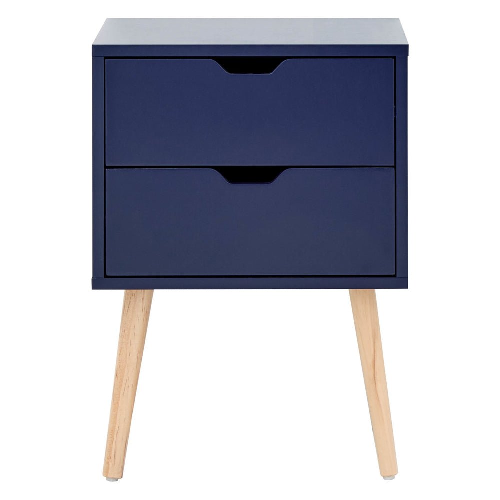 Norwich Nightshadow Blue bedside cabinets with two drawers and angled wood legs.