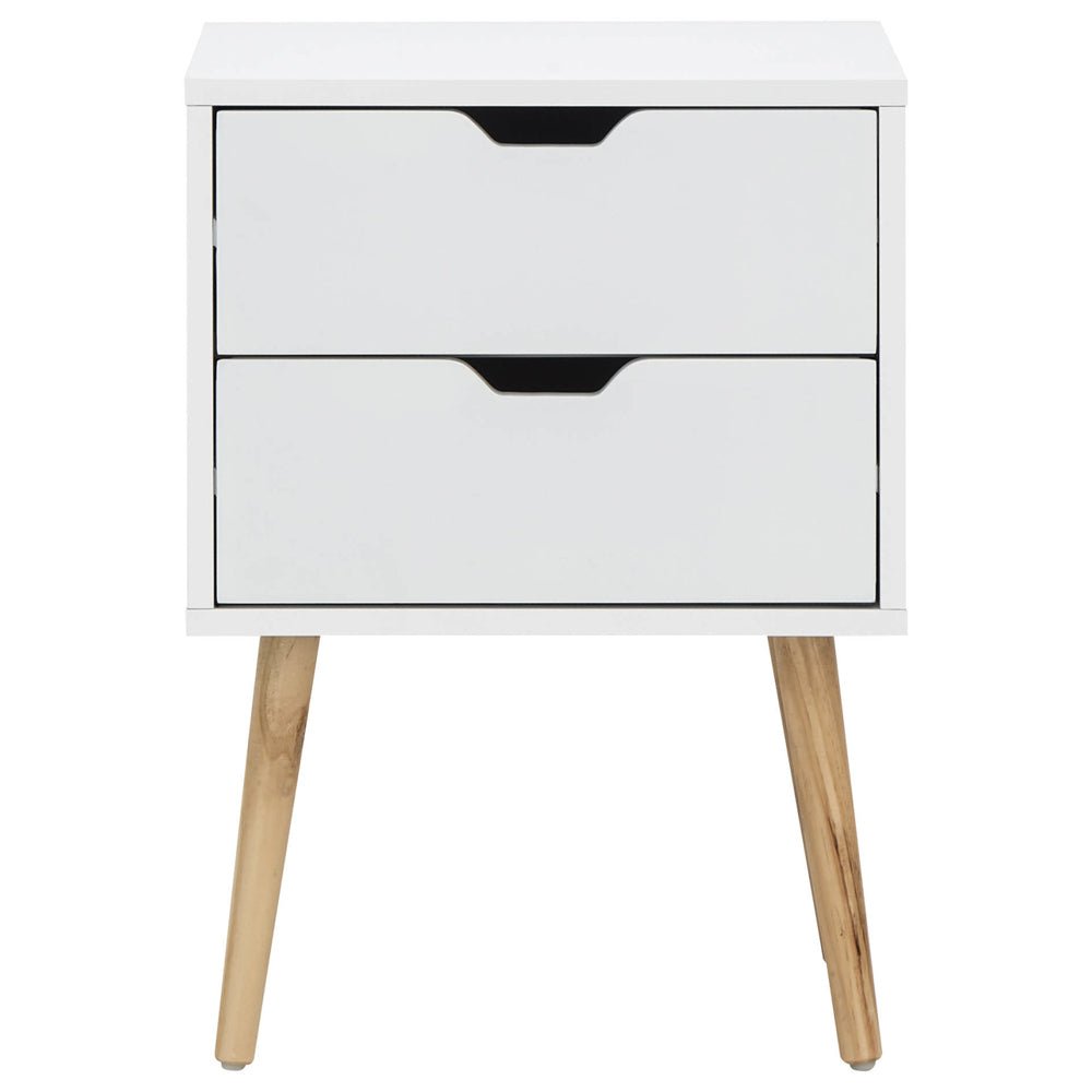 White wooden bedside cabinet with two drawers and angled legs.