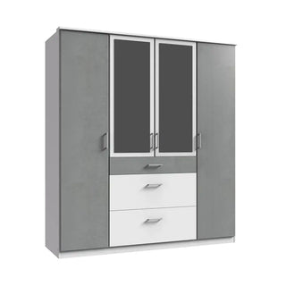 Nova 4 Door Grey Mirrored Wardrobe with Drawers – Modern Bedroom Storage Furniture by ChoiceWardrobe UK, featuring full-length mirrors and sleek matt finish.